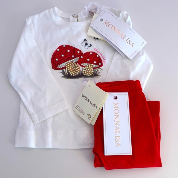 MonnaLisa Other - NWT Monnalisa Baby Girl Matching Set White and Red Mushroom Set - Size 6 Months